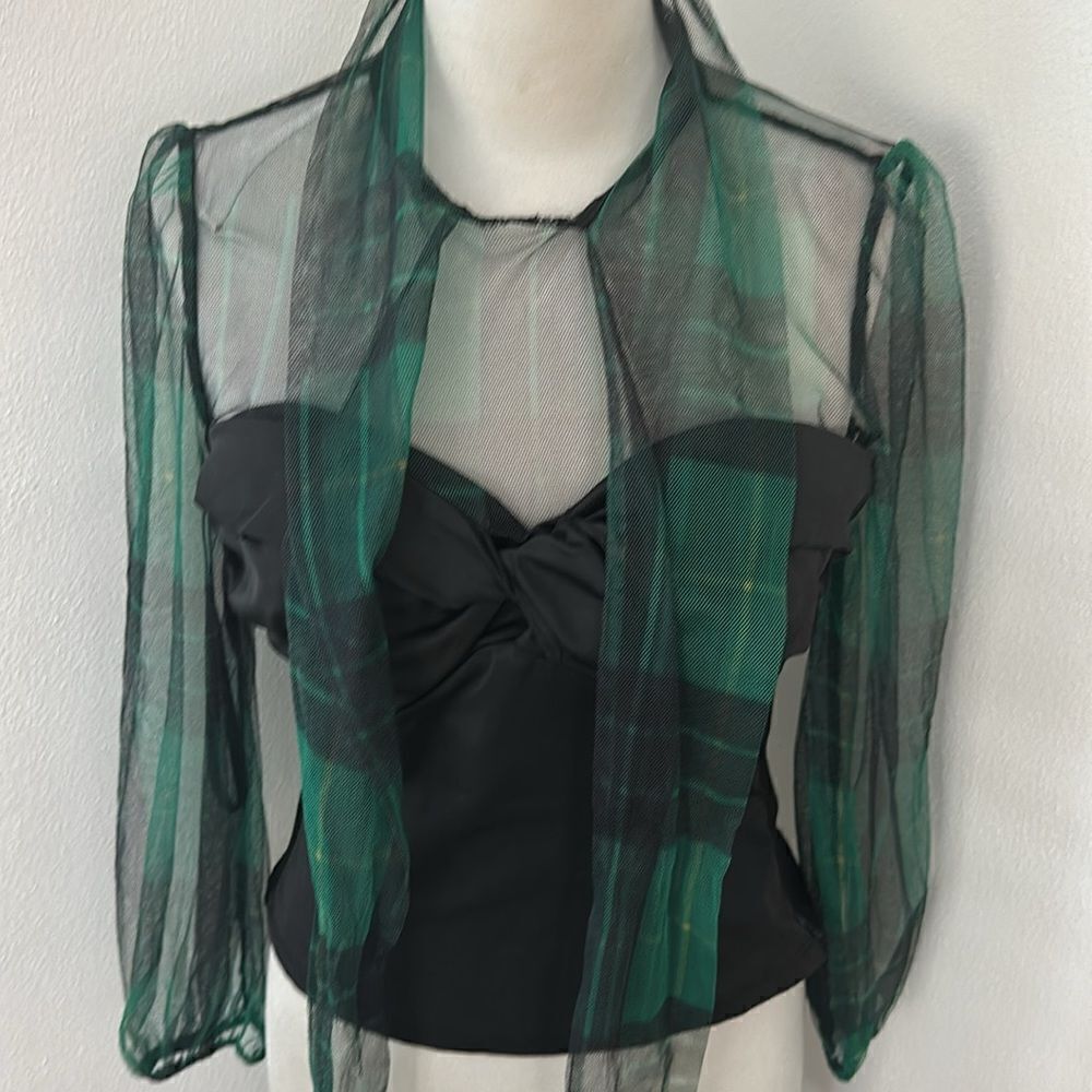 7th Ave New York black corset green sheer tartan plaid blouse top S small - Picture 6 of 9
